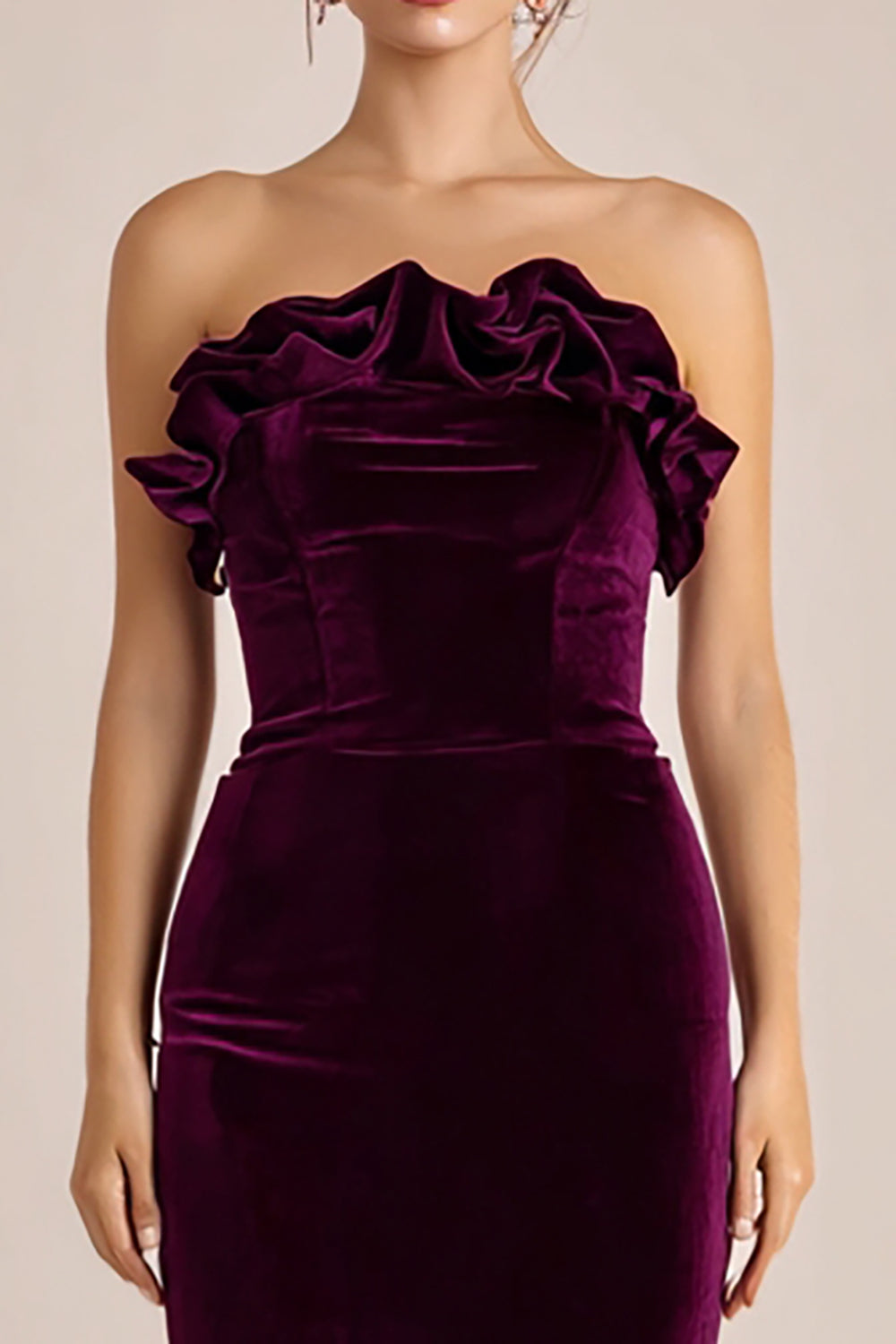 Plum Velvet Strapless Long Holiday Party Dress with Ruffles