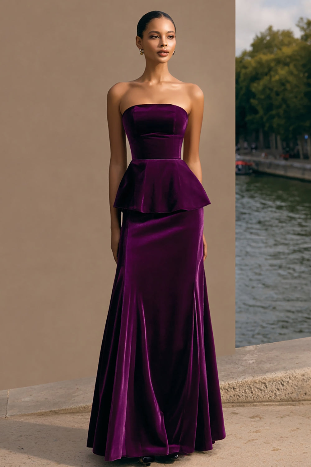 Plum Velvet Strapless Long Sheath Holiday Party Dress with Ruffles