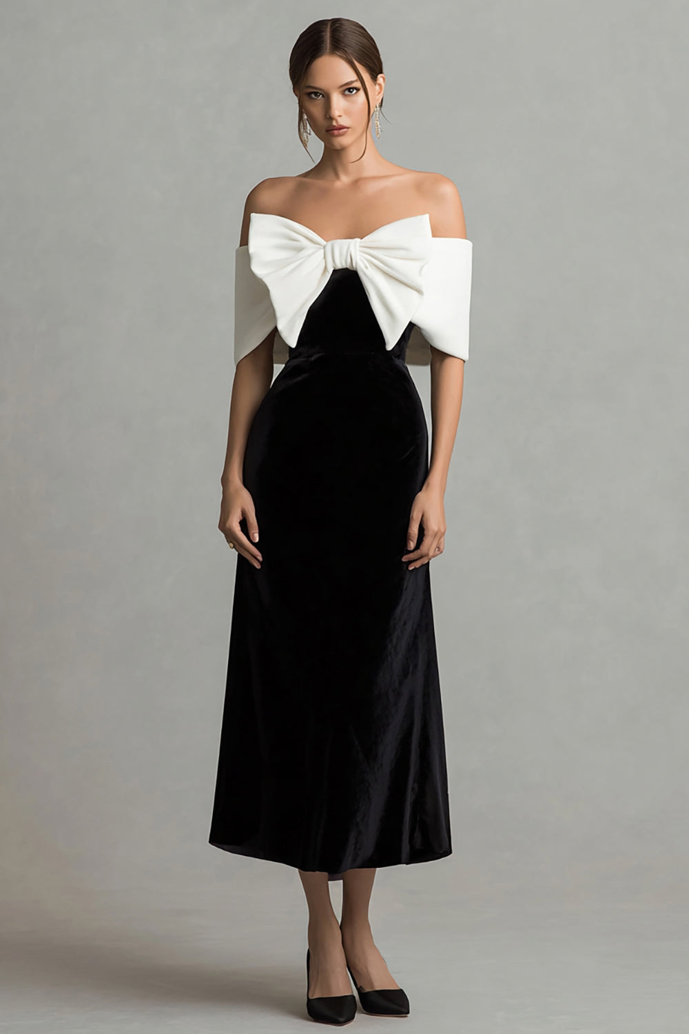 Black and White Velvet A-Line Long Holiday Party Dress with Bow