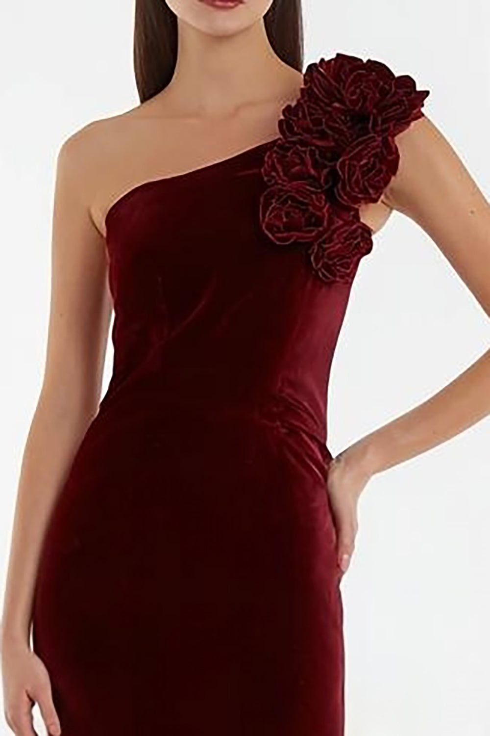 Burgundy Velvet One Shoulder Long Holiday Party Dress with Ruffles