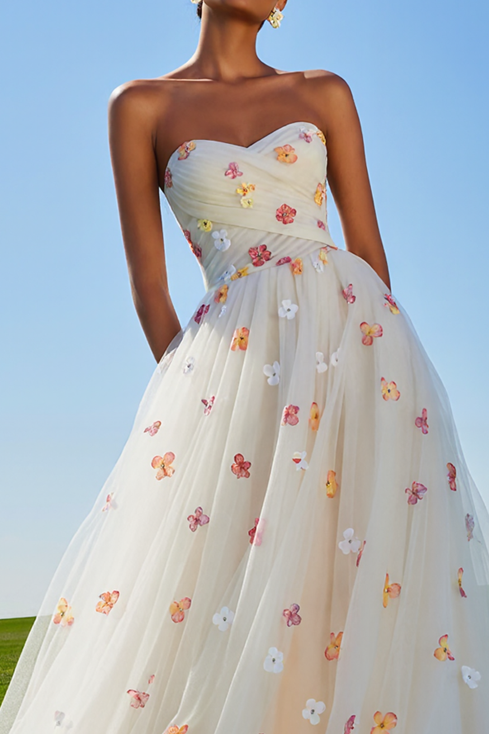 Floral White Sweetheart A Line Long Tulle Prom Dress