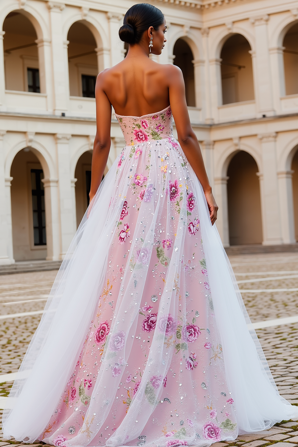 Floral Pink Beaded A-Line Strapless Sparkly Long Prom Dress