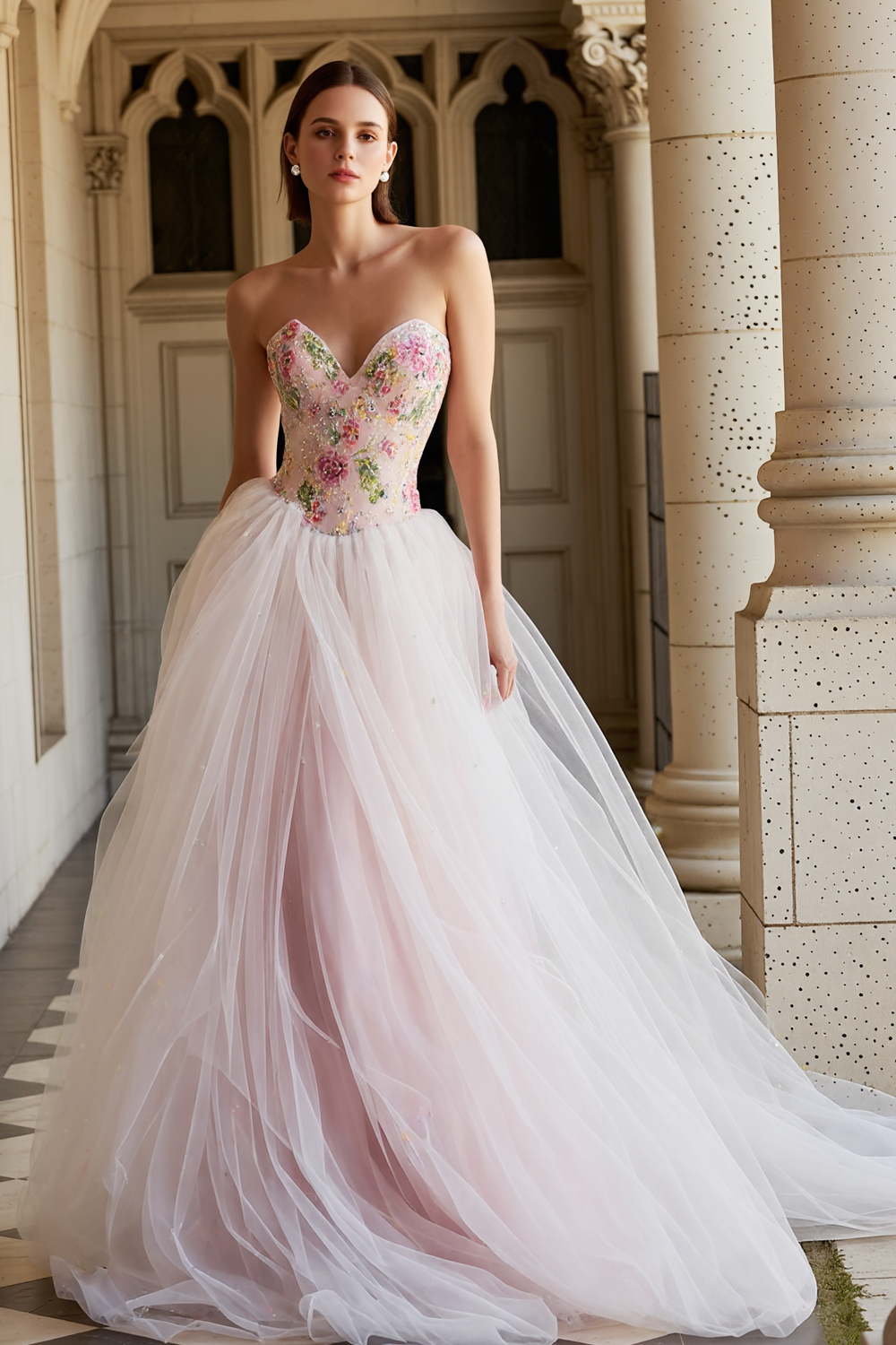 Sparkly Pink Ball Gown Beaded Sweetheart Long Floral Prom Dress