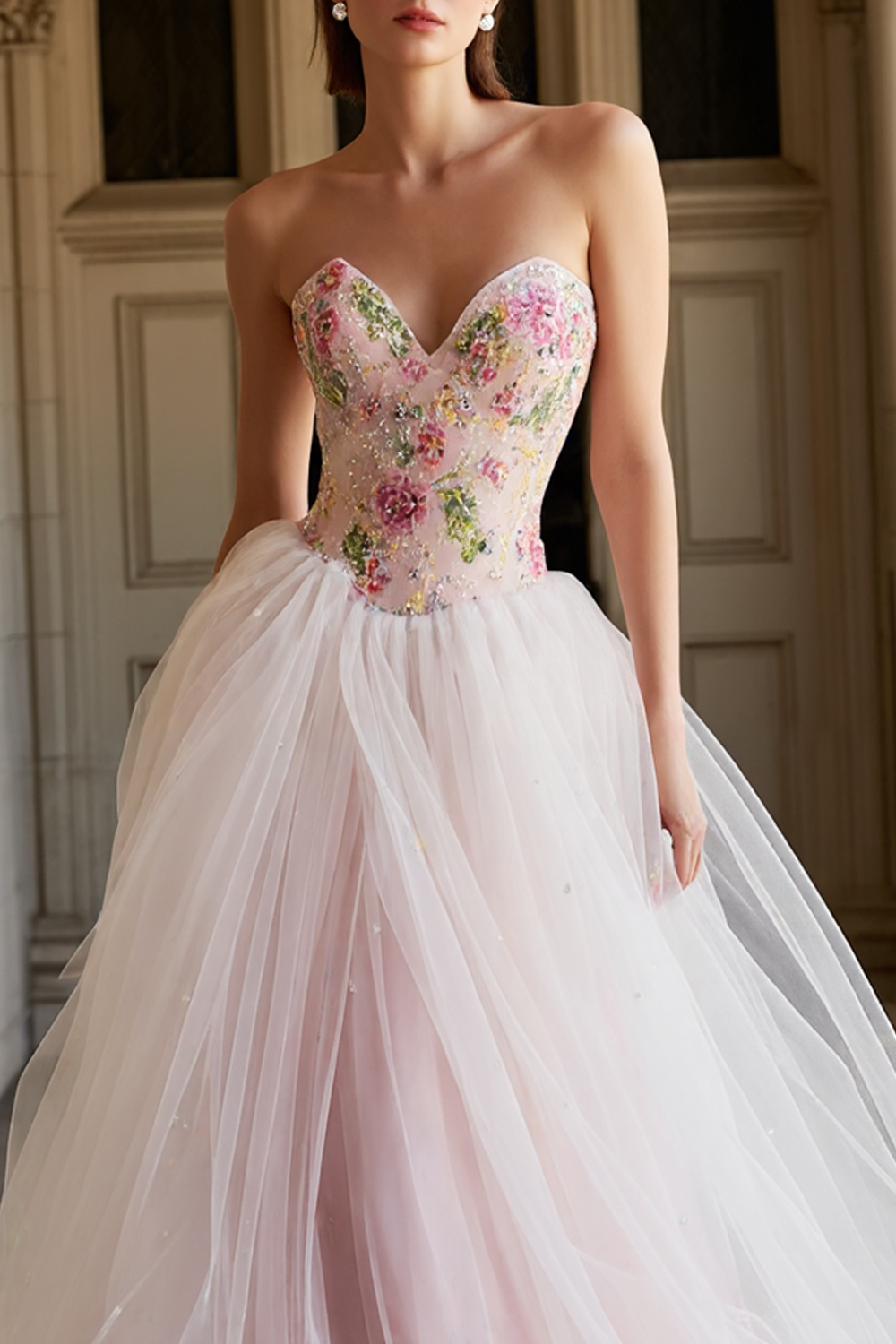 Sparkly Pink Ball Gown Beaded Sweetheart Long Floral Prom Dress
