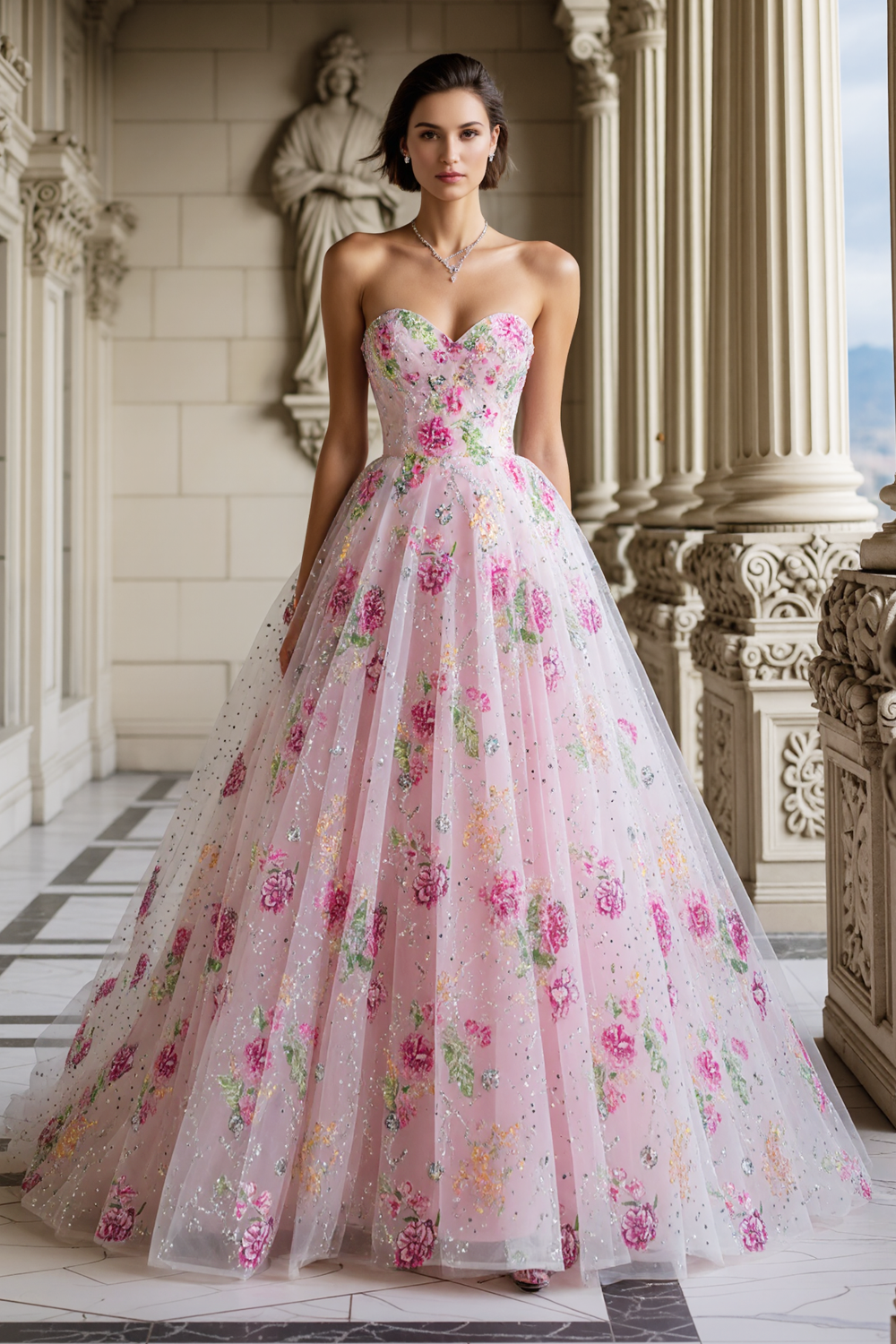 Sparkly Pink Sweetheart A Line Beaded Long Floral Prom Dress