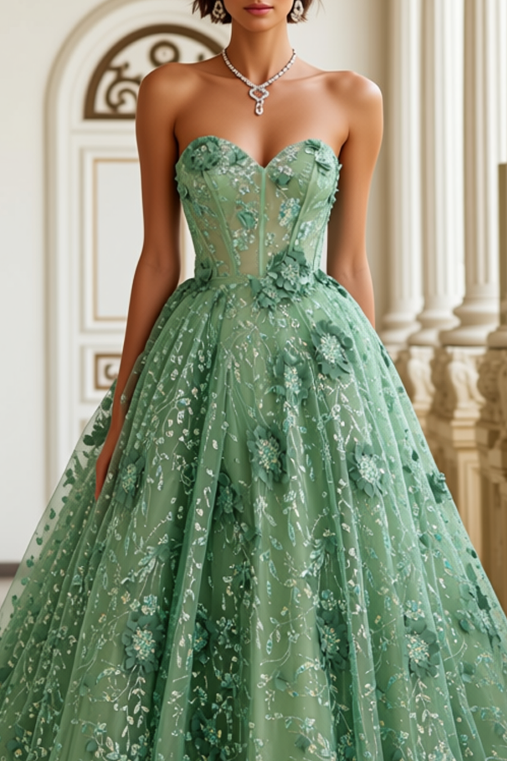 Floral Green A Line Sweetheart Corset Long Prom Dress