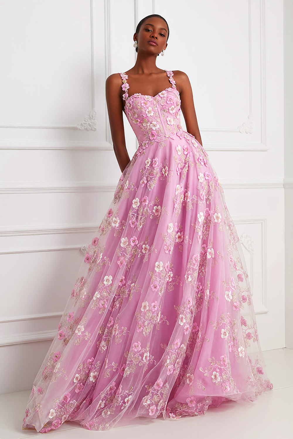 Floral Pink Ball Gown Tulle Thick Straps Long Corset Prom Dress