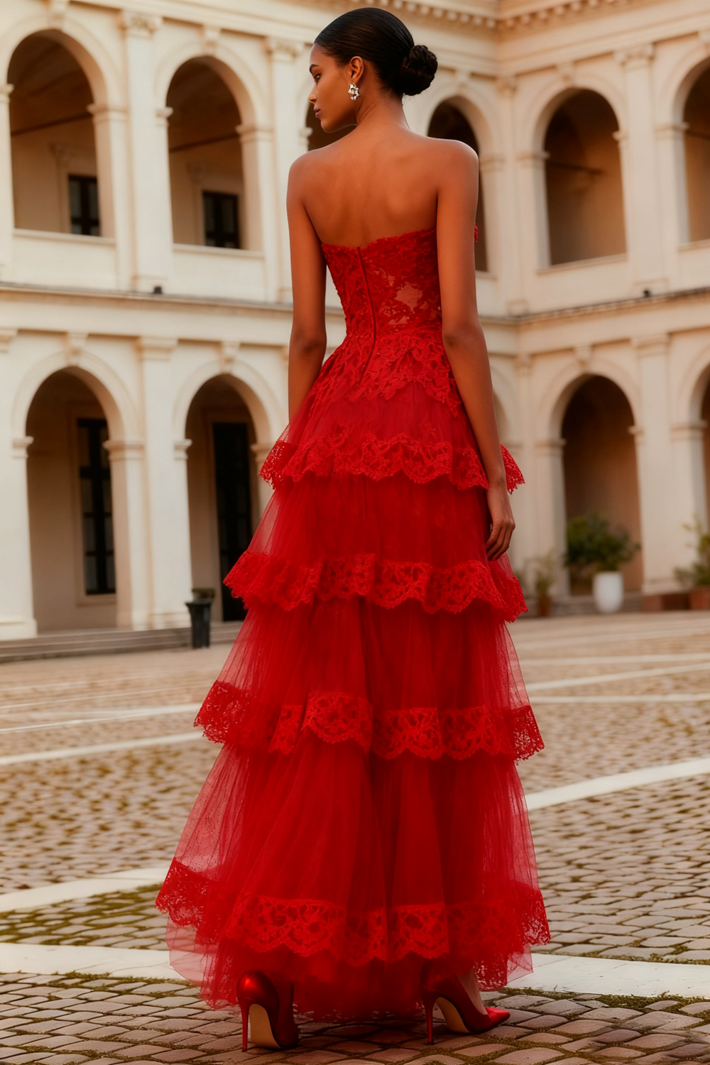 Red A-Line Tiered Strapless Long Lace Prom Dress with Ruffles