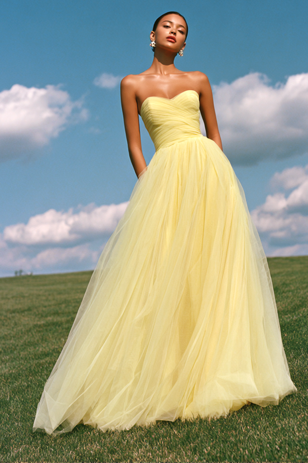 Light Yellow Sweetheart A-Line Long Tulle Prom Dress
