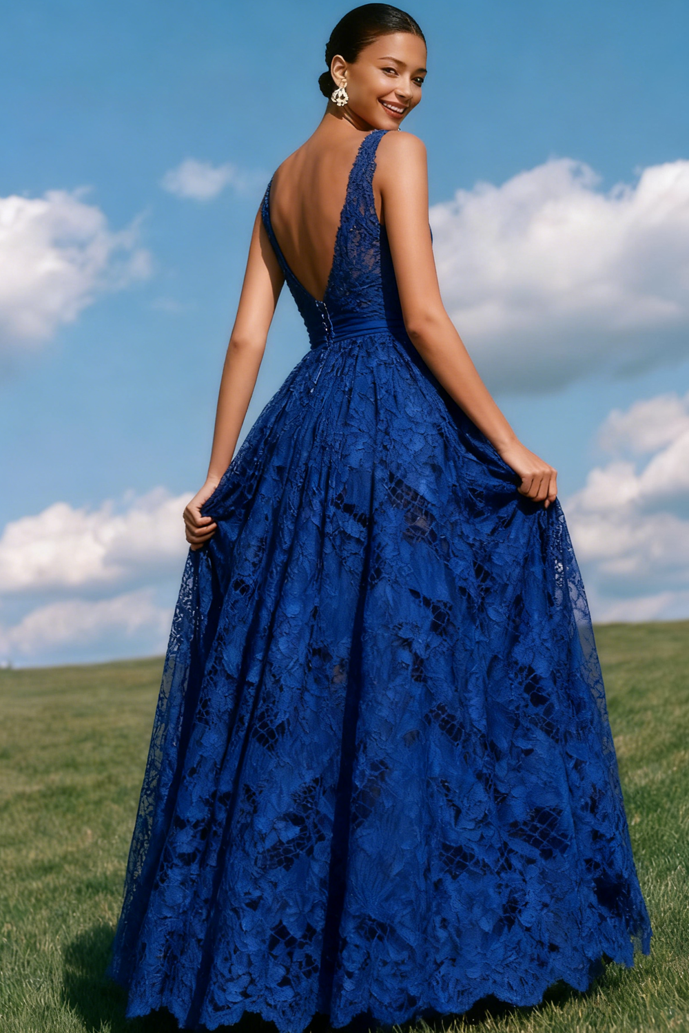 Blue A-Line V-Neck Backless Long Lace Prom Dress