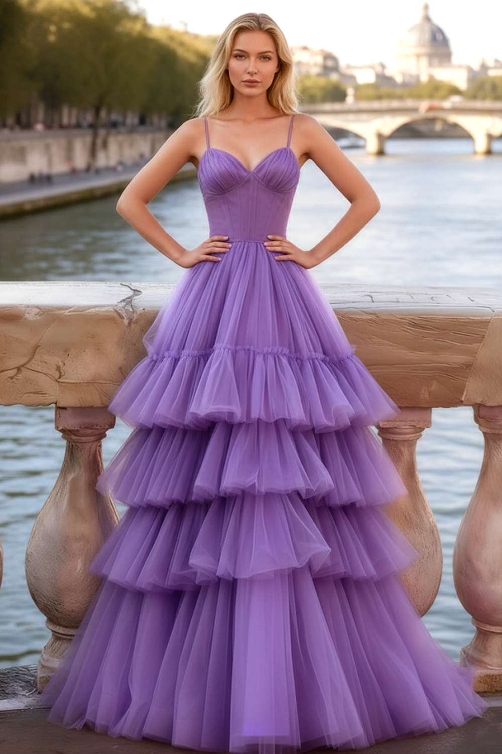 Lilac Tulle Spaghetti Straps A-Line Tiered Long Corset Prom Dress