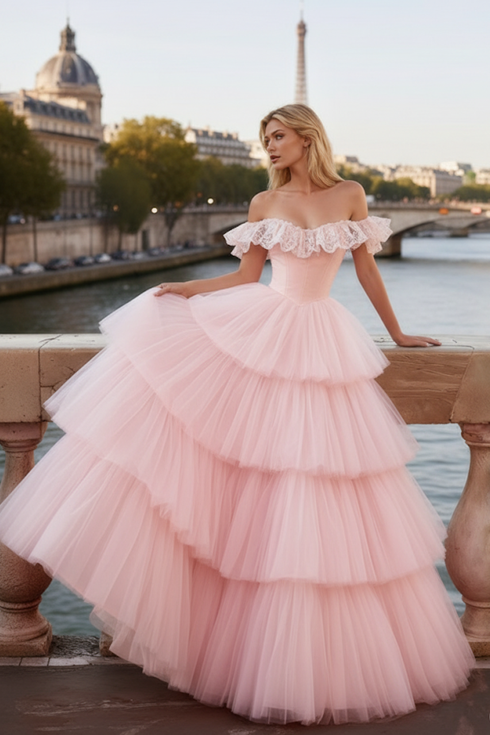 Light Pink Tulle Tiered Ball Gown Long Corset Prom Dress with Lace