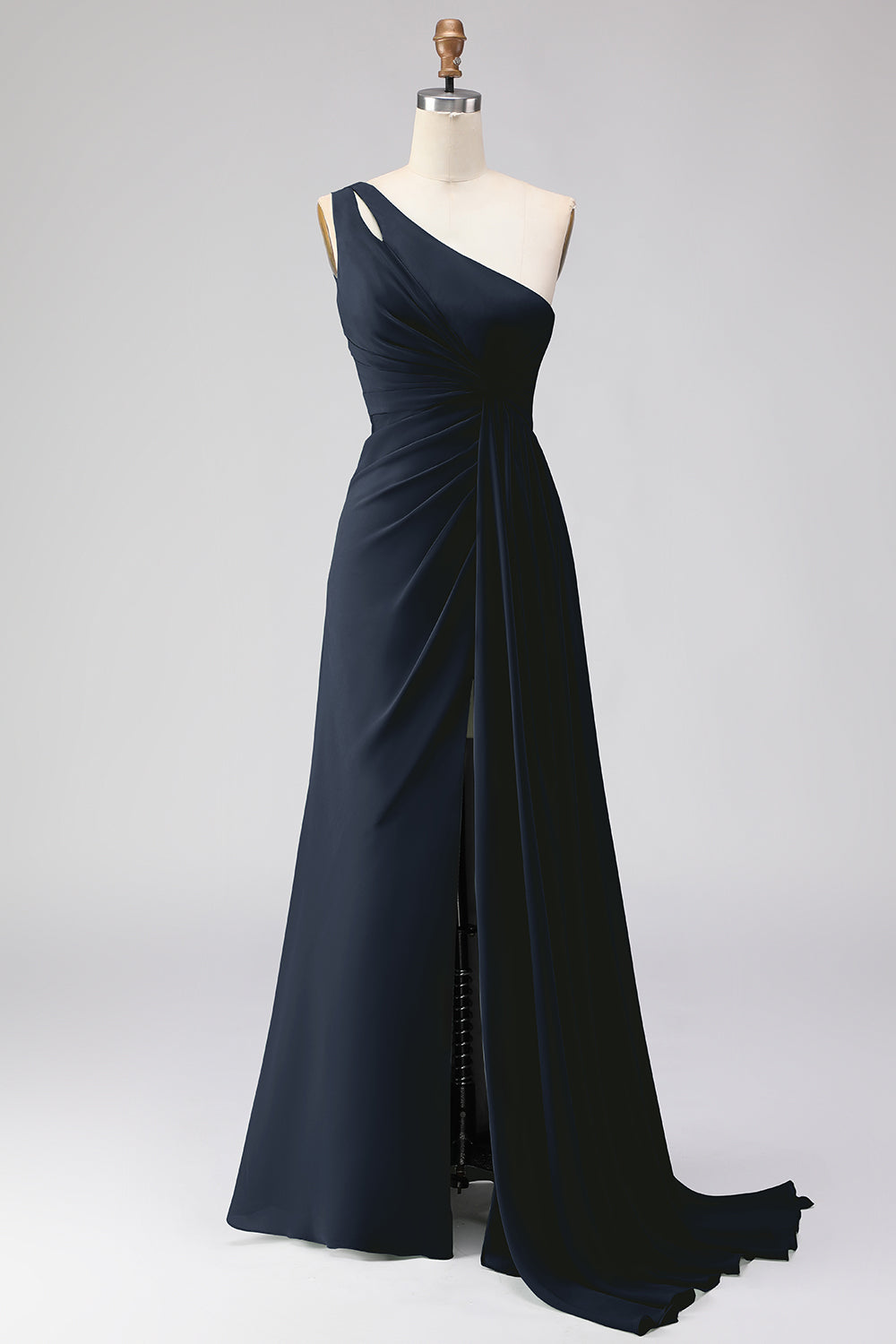 Navy A Line One Shoulder Ruched Long Prom Dress with Slit