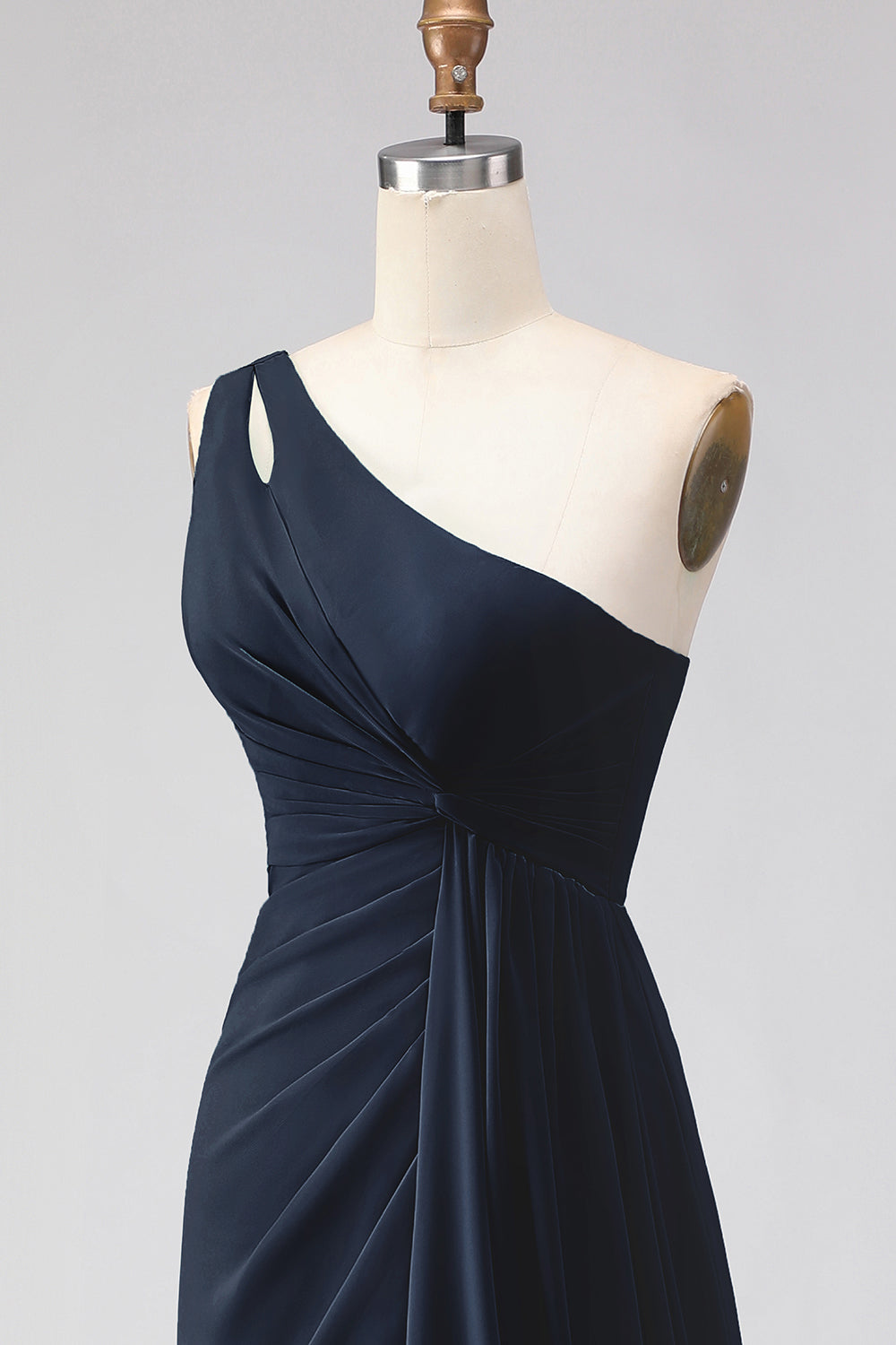 Navy A Line One Shoulder Ruched Long Prom Dress with Slit