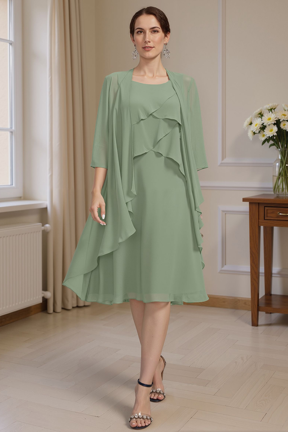 Sage Green Ruffled A Line 2 Piece Knee-Length Mother of the Bride Dress with Jacket