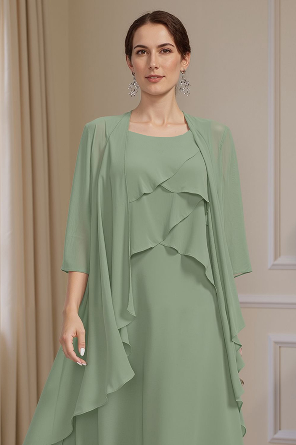 Sage Green Ruffled A Line 2 Piece Knee-Length Mother of the Bride Dress with Jacket