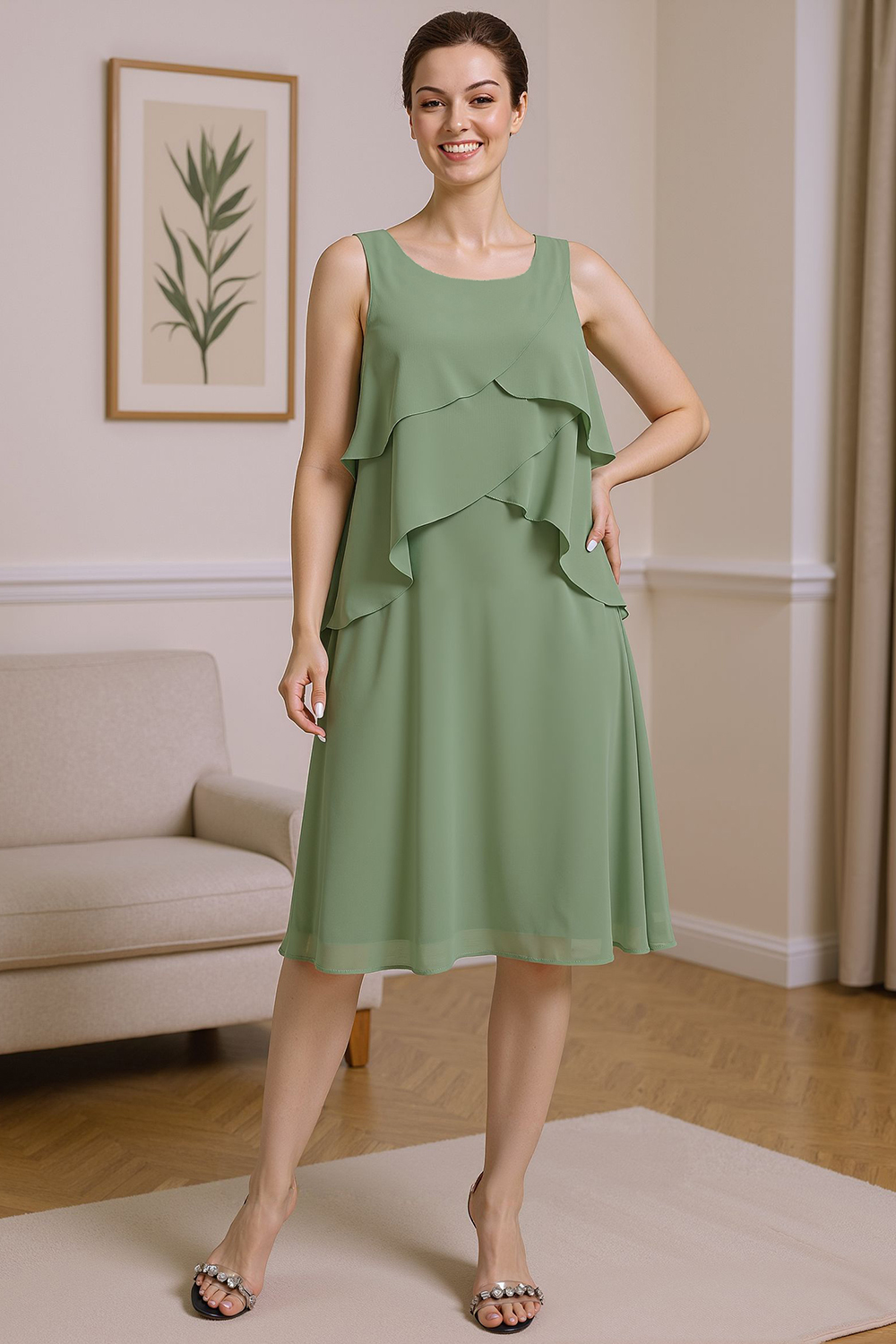 Sage Green Ruffled A Line 2 Piece Knee-Length Mother of the Bride Dress with Jacket