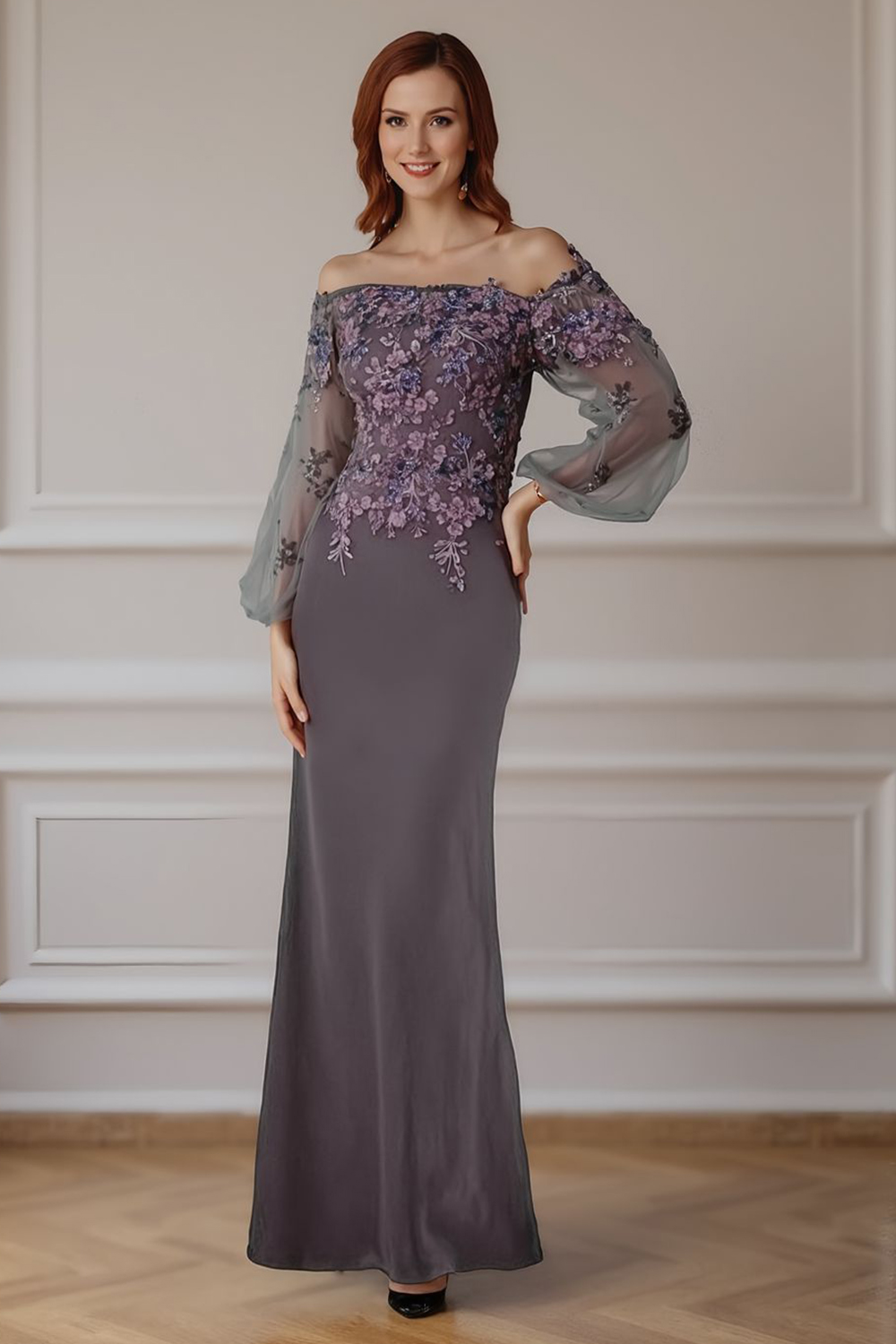 Floral Silver Mermaid Off the Shoulder Floor-Length Mother of the Bride Dress