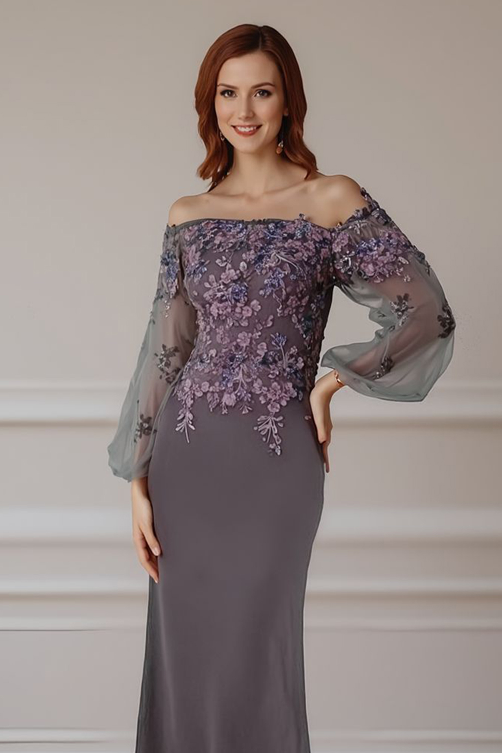 Floral Silver Mermaid Off the Shoulder Floor-Length Mother of the Bride Dress