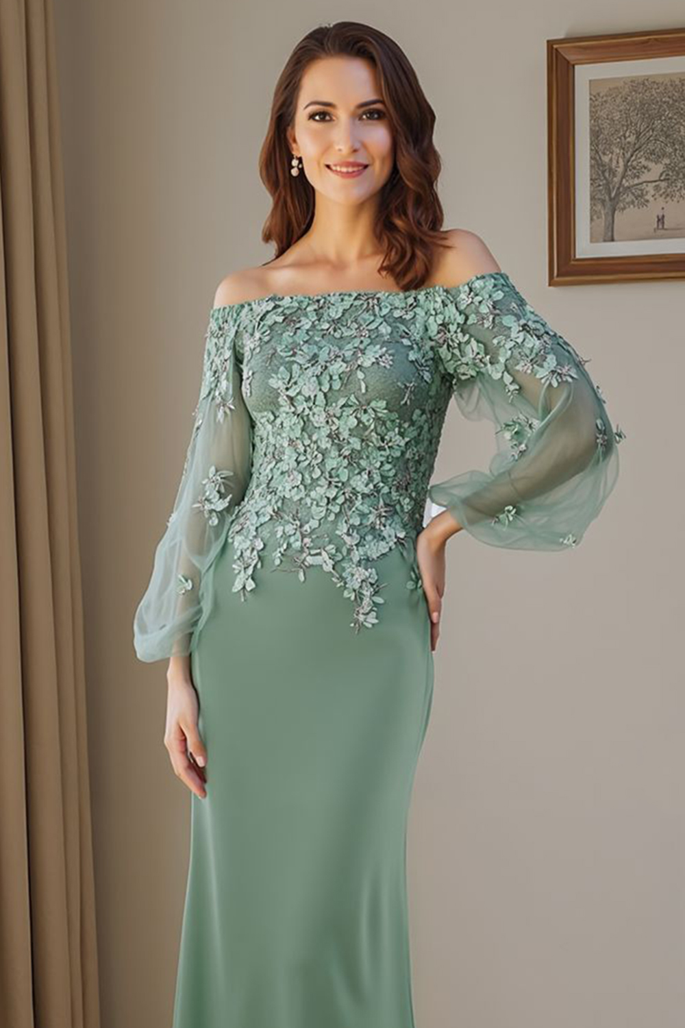 Floral Silver Mermaid Off the Shoulder Floor-Length Mother of the Bride Dress