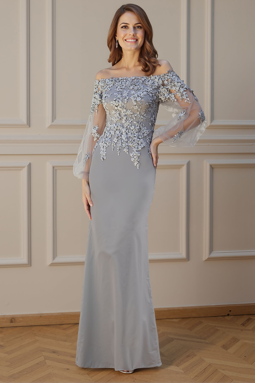 Floral Silver Mermaid Off the Shoulder Floor-Length Mother of the Bride Dress