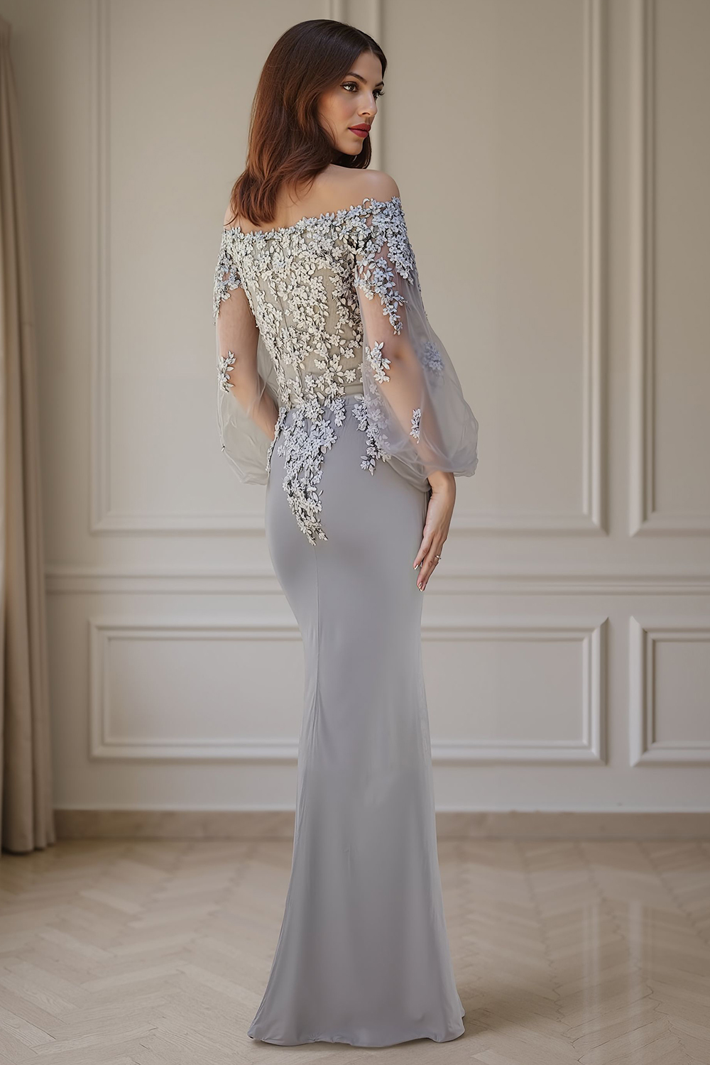 Floral Silver Mermaid Off the Shoulder Floor-Length Mother of the Bride Dress