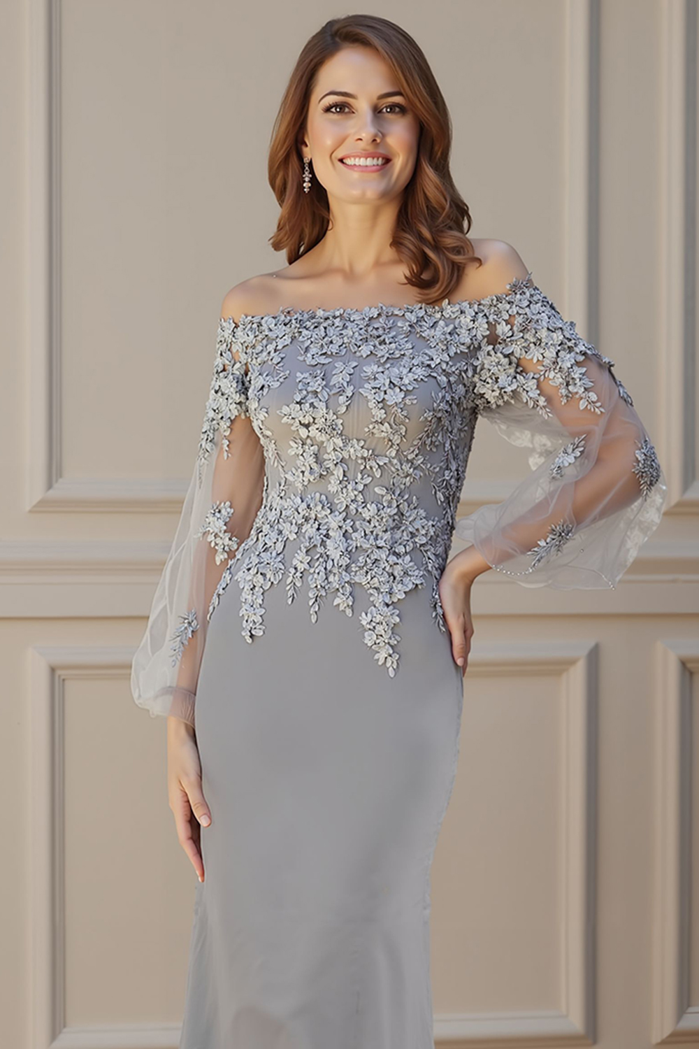 Floral Silver Mermaid Off the Shoulder Floor-Length Mother of the Bride Dress