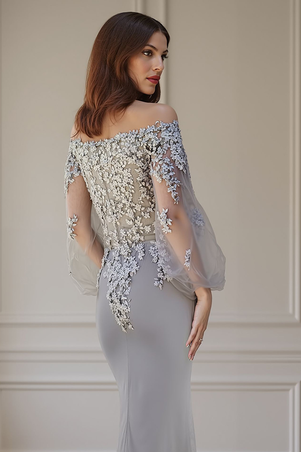 Floral Silver Mermaid Off the Shoulder Floor-Length Mother of the Bride Dress