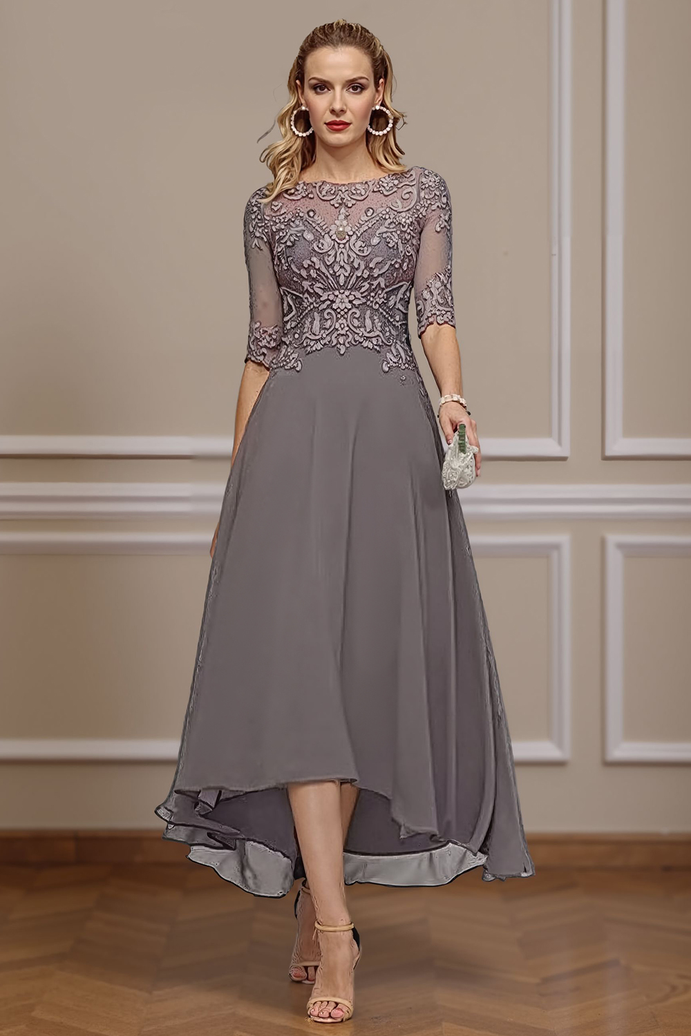 Dusk A Line Boat Neck Ankle-Length Mother of the Bride Dress with Lace