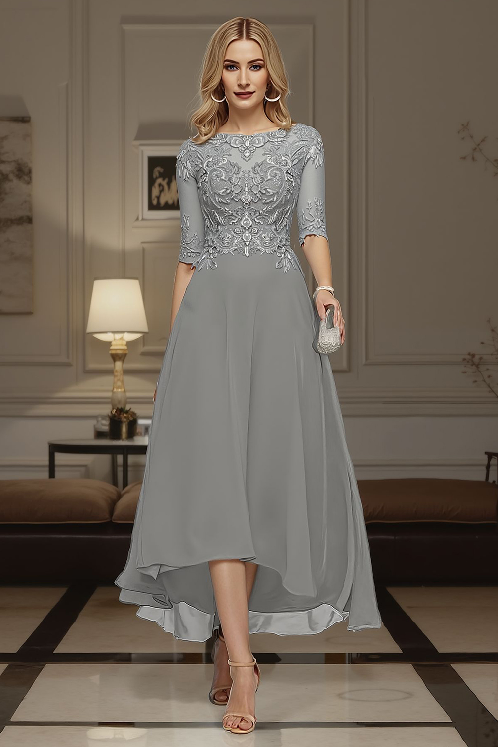 Dusk A Line Boat Neck Ankle-Length Mother of the Bride Dress with Lace