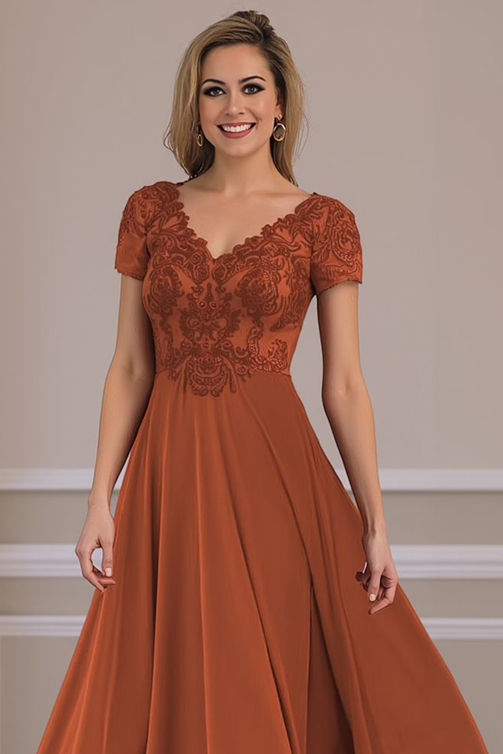 Steel Grey V-Neck A Line Appliqued Ankle-Length Mother of the Bride Dress