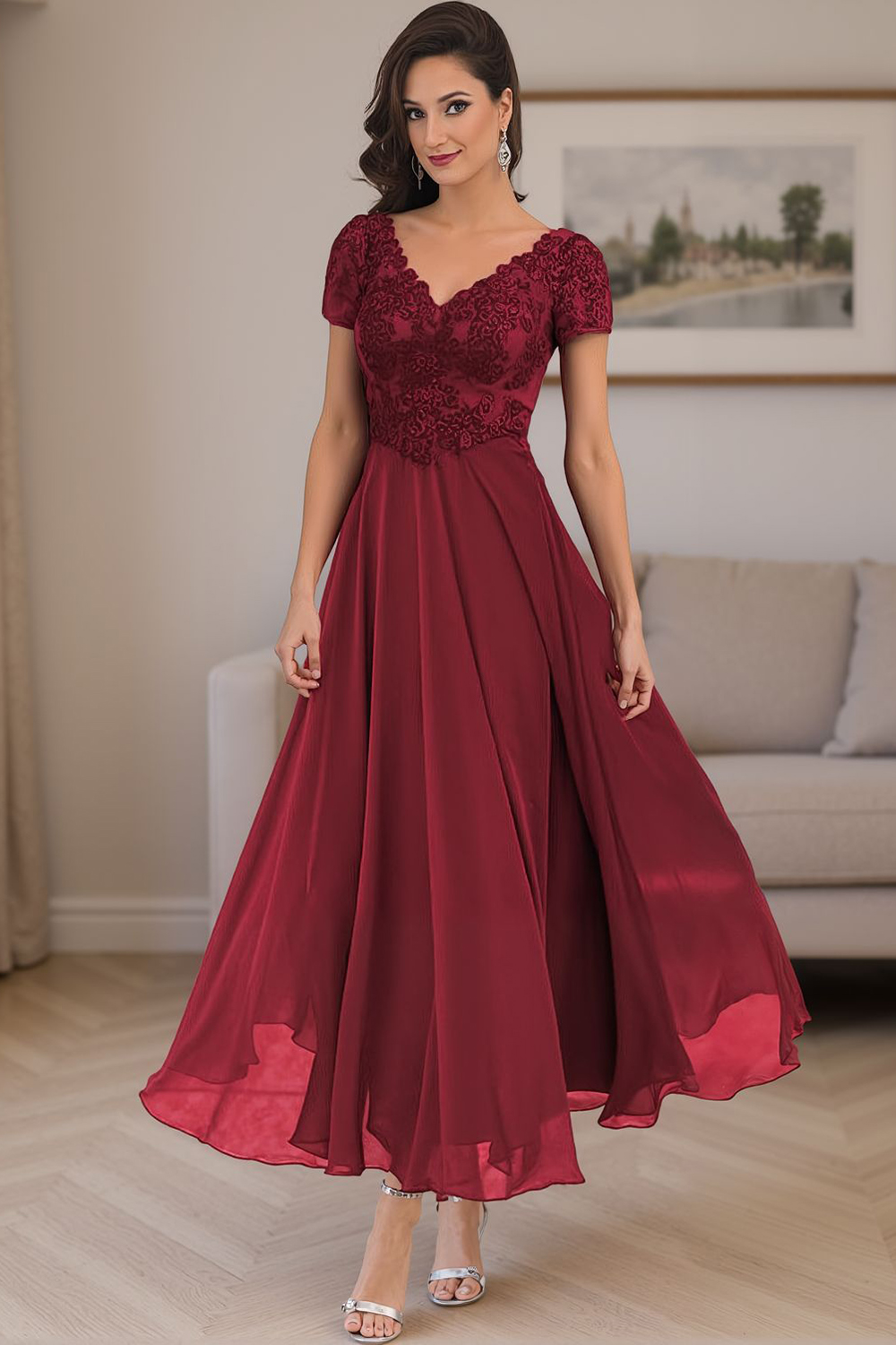 Steel Grey V-Neck A Line Appliqued Ankle-Length Mother of the Bride Dress