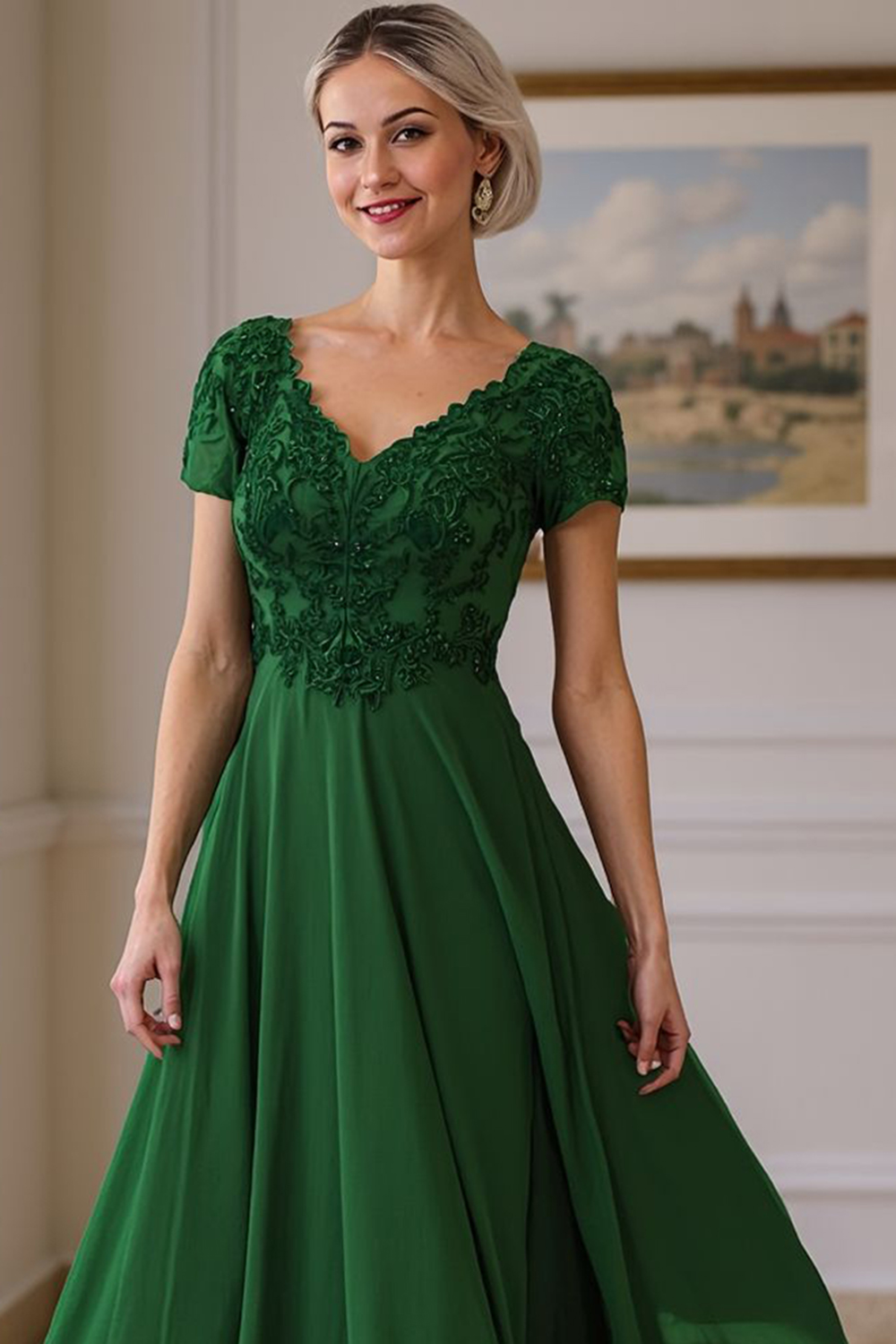 Steel Grey V-Neck A Line Appliqued Ankle-Length Mother of the Bride Dress