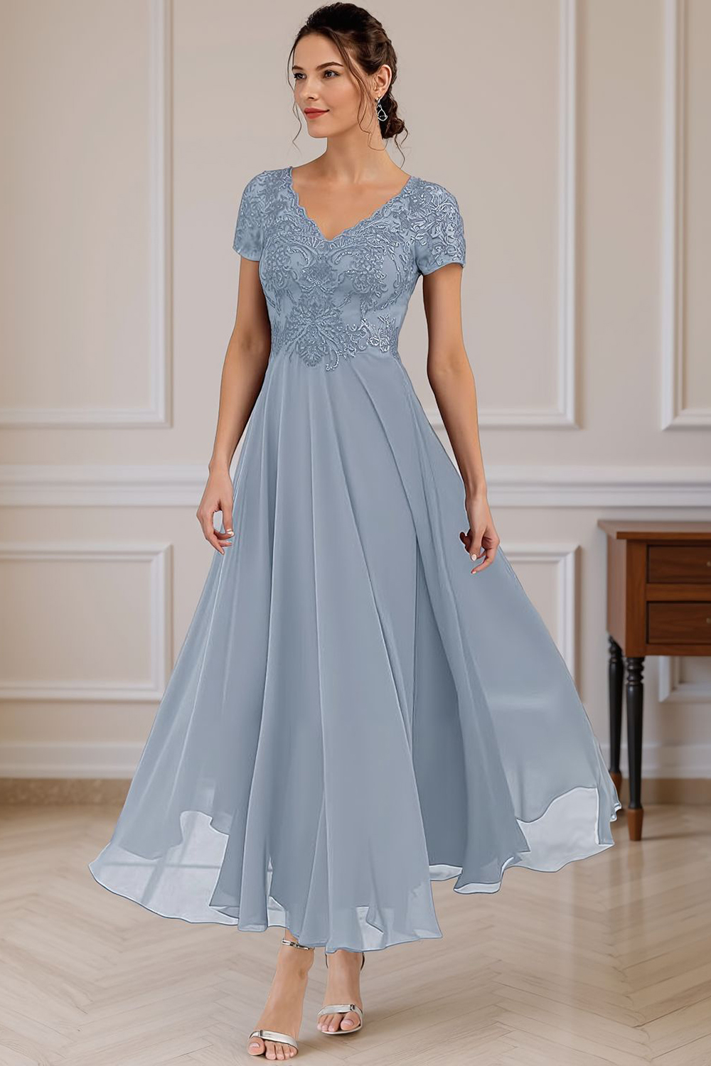 Steel Grey V-Neck A Line Appliqued Ankle-Length Mother of the Bride Dress