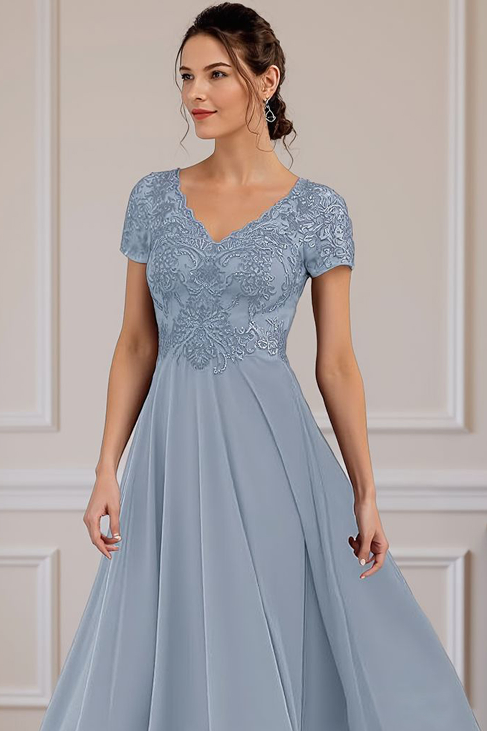Steel Grey V-Neck A Line Appliqued Ankle-Length Mother of the Bride Dress