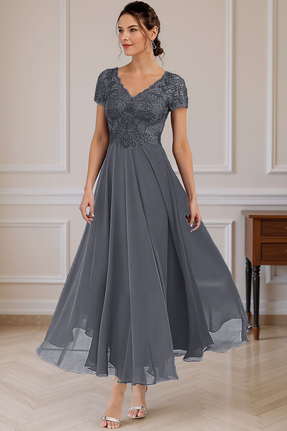 Steel Grey V-Neck A Line Appliqued Ankle-Length Mother of the Bride Dress