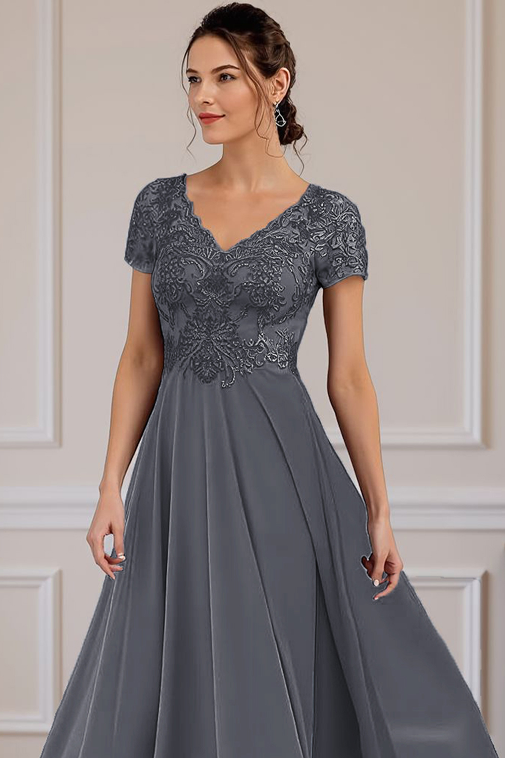Steel Grey V-Neck A Line Appliqued Ankle-Length Mother of the Bride Dress