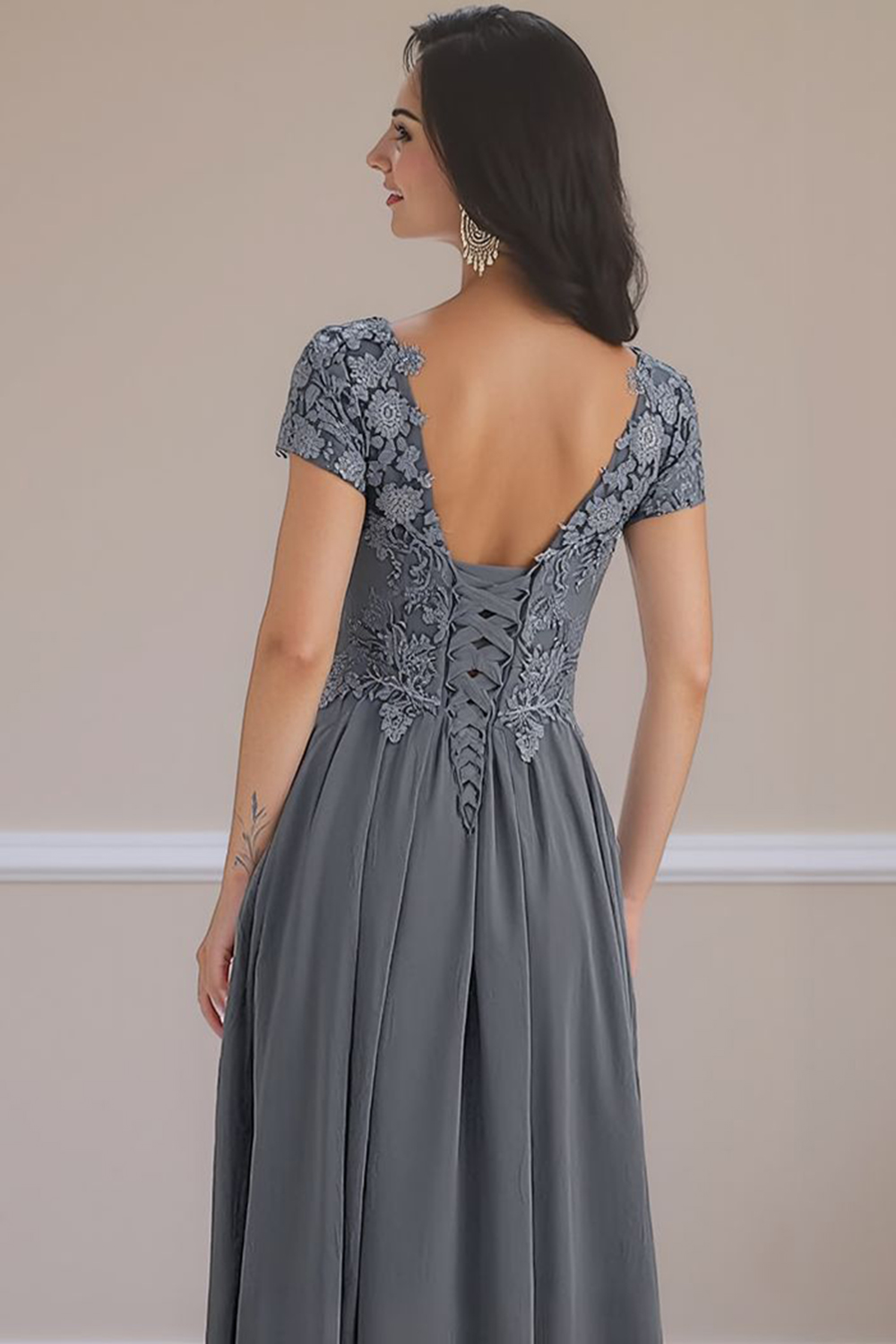 Steel Grey V-Neck A Line Appliqued Ankle-Length Mother of the Bride Dress