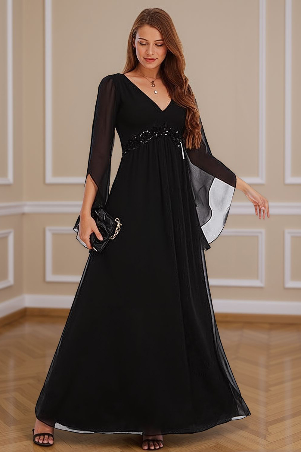 Sparkly Black V-Neck Beaded Floor-Length Mother of the Bride Dress
