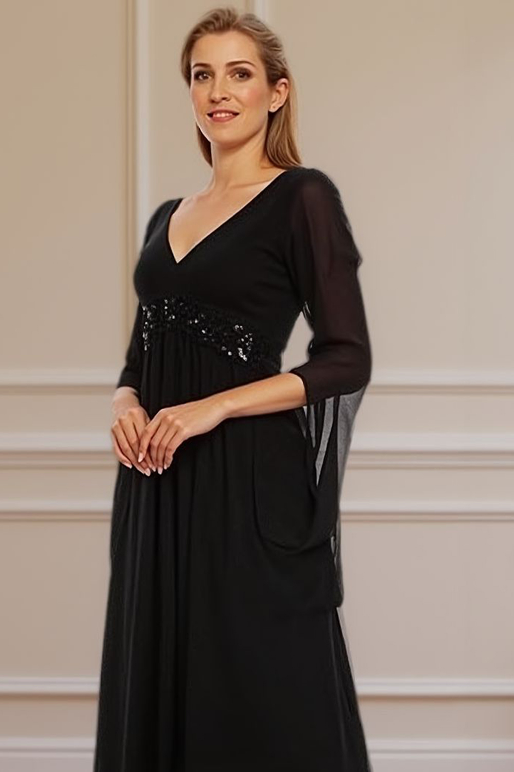Sparkly Black V-Neck Beaded Floor-Length Mother of the Bride Dress