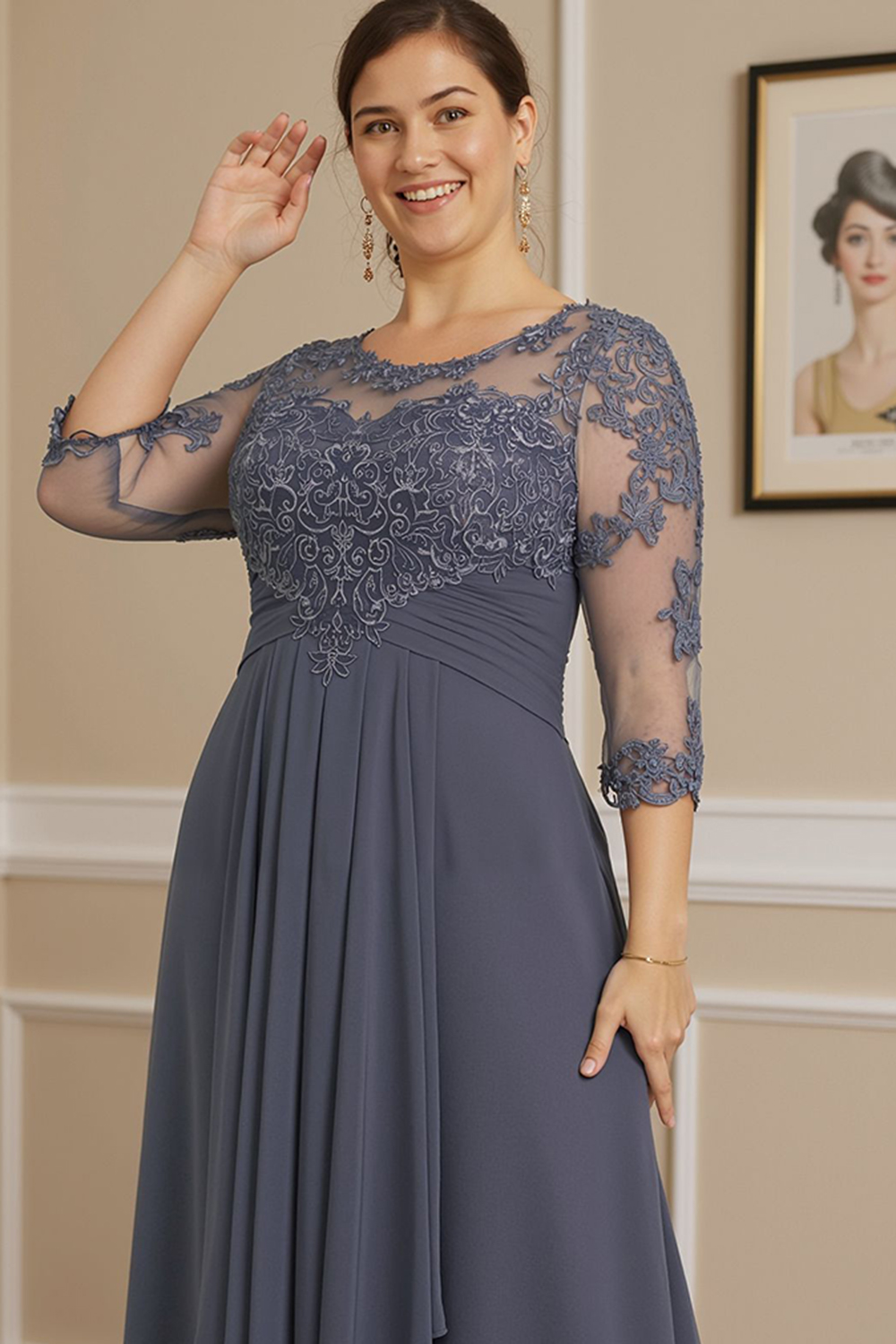 Steel Grey Boat Neck A Line Ankle-Length Mother of the Bride Dress with Ruffles