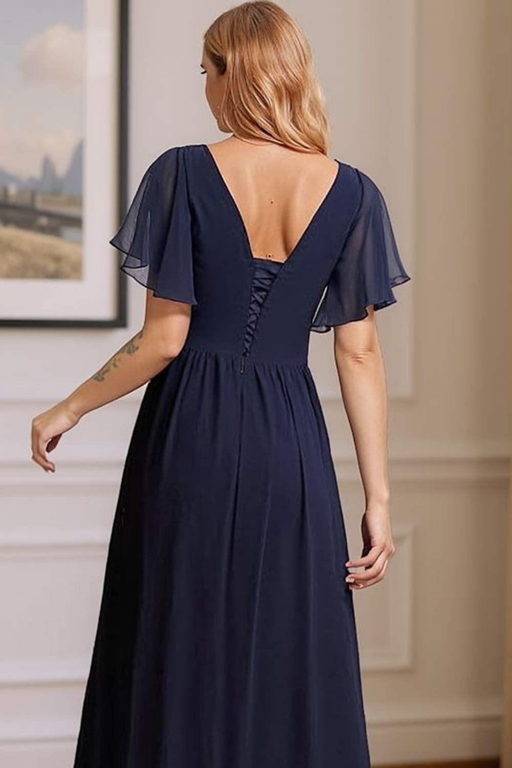Dusty Blue V-Neck Ruffled A Line Ankle-Length Mother of the Bride Dress
