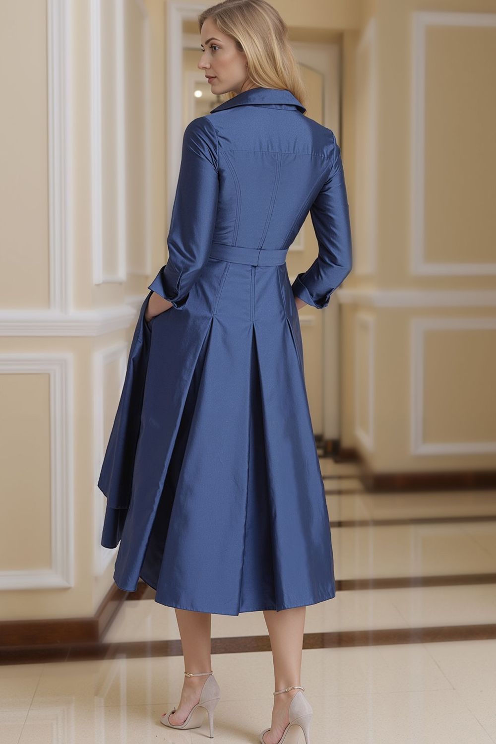 Navy Lapel Neck A Line Tea-Length Mother of the Bride Dress with Pockets