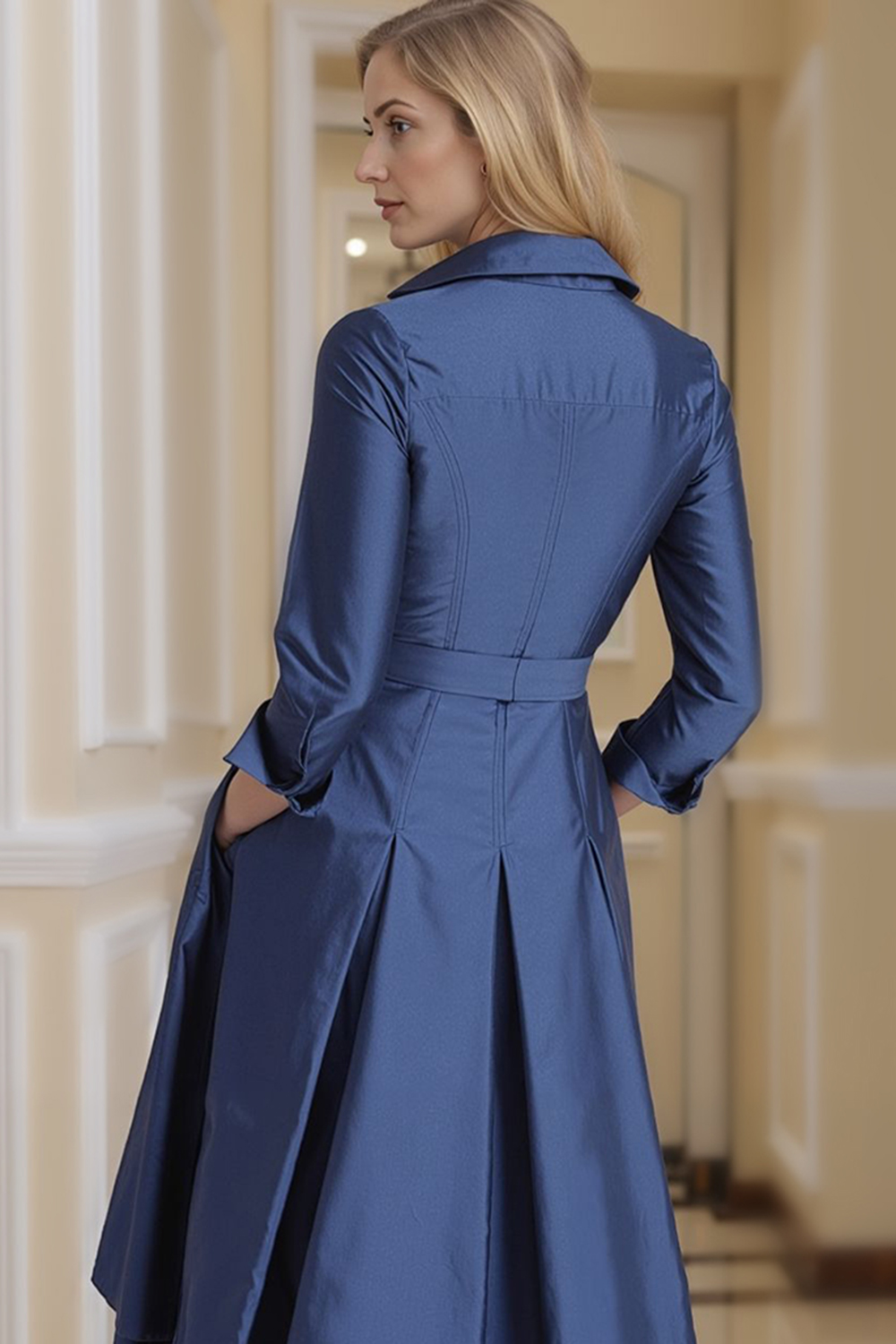 Navy Lapel Neck A Line Tea-Length Mother of the Bride Dress with Pockets