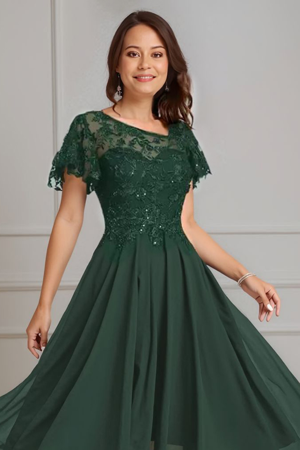 Sparkly Dark Green Beaded A Line Tea-Length Mother of the Bride Dress with Lace