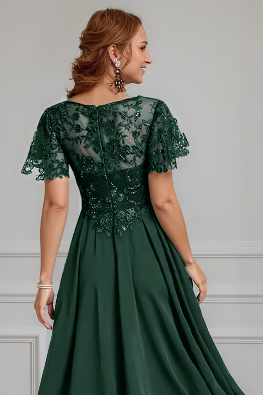 Sparkly Dark Green Beaded A Line Tea-Length Mother of the Bride Dress with Lace