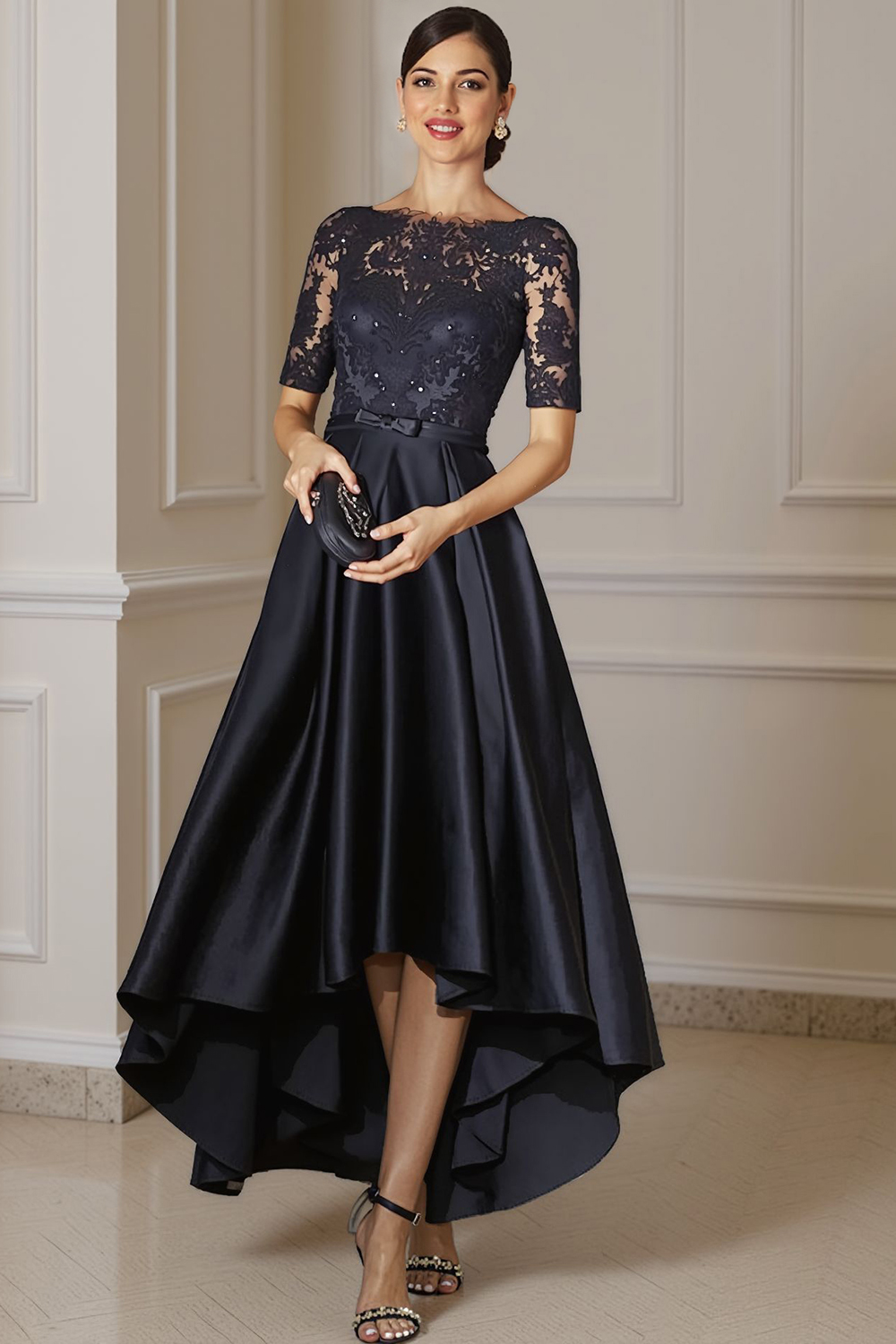 Sparkly Navy Bateau Neck Beaded Ankle-Length Mother of the Bride Dress with Bow