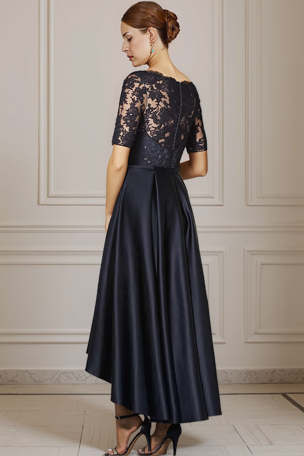 Sparkly Navy Bateau Neck Beaded Ankle-Length Mother of the Bride Dress with Bow