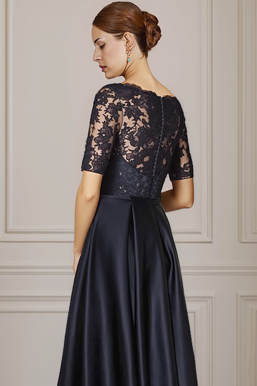 Sparkly Navy Bateau Neck Beaded Ankle-Length Mother of the Bride Dress with Bow