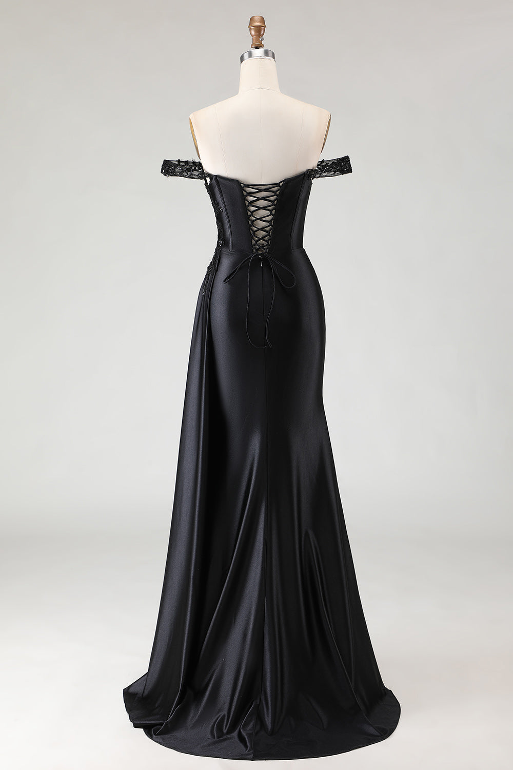 Sparkly Black Mermaid Off the Shoulder Long Satin Prom Dress with Slit